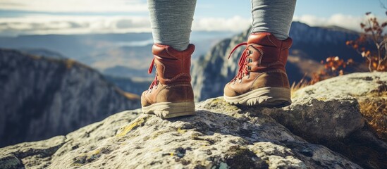 Hiking boots with red laces, female legs in grey leggings, standing on a rocky peak with a breathtaking mountainous backdrop and clear sky.
