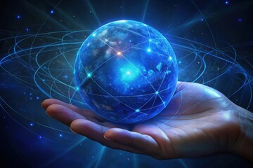 A glowing blue sphere surrounded by a cosmic web, held gently in a hand, symbolizing the universe and interconnectedness.