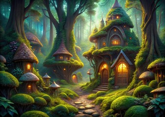 Fototapeta premium Magical architecture photography reveals enchanting elf homes within a mystical forest.