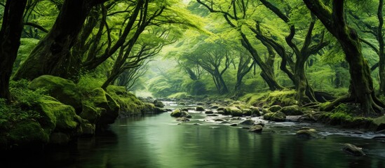 Naklejka premium Lush green forest with sunlit canopy and serene river flowing through rocks creating a tranquil landscape scene with vibrant greenery