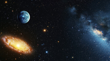 Obraz premium stunning cosmic scene featuring vibrant galaxy, distant stars, and blue planet, evoking sense of wonder and exploration