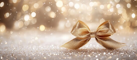 Golden bow elegantly positioned on shimmering white surface with a blurred bokeh background featuring warm golden tones ideal for festive themes