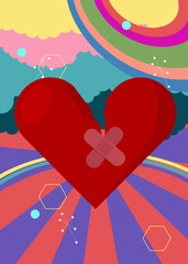 Retro 70s Background with Broken Heart. Groovy Love 1970s art template. Minimalistic Vintage design poster. Old-fashioned color artwork.
