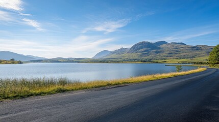 A beautiful road by the lake with mountains in the distance on a sunny day. The scenery is stunning, with the blue lake and green mountains contrasting against the black road.