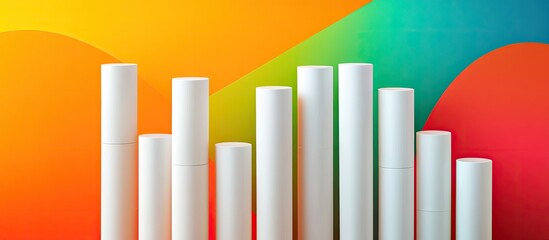 Fototapeta premium Glossy white tubes for cosmetic products arranged in varying heights against a vibrant gradient background featuring orange and teal tones.