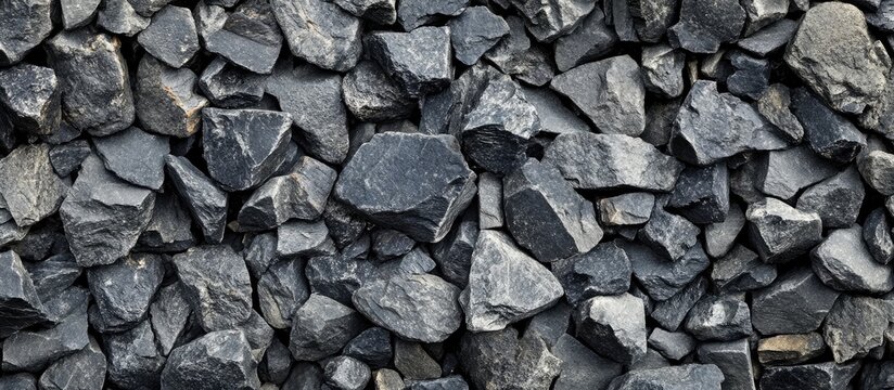 Textured dark gray rock surface with various sizes of angular stones arranged closely together, ideal for backgrounds or construction themes.
