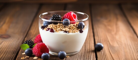 Healthy breakfast yogurt in a glass bowl topped with muesli and mixed berries on a rustic wooden table, featuring vibrant red raspberries and blackberries.