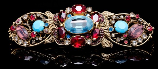 Vintage handmade brooch featuring vibrant red, blue, and pink rhinestones against an ornate gold setting on a black background