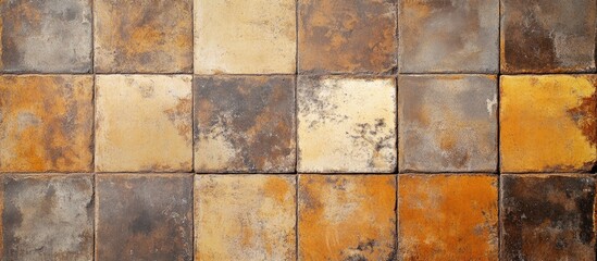 Brown yellow terracotta and beige tiles arranged in a grid pattern display a grunge texture with warm earthy tones and unique visual appeal.