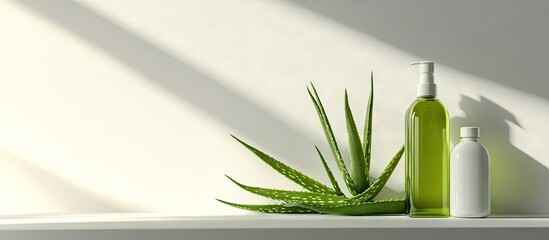 Aloe vera skincare products in green bottles positioned on a clean white shelf with fresh aloe plant creating a natural wellness scene.