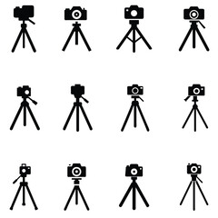 A set of tripod with photo camera vector silhouette
