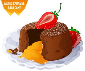 Salted Caramel Lava Cake with Powdered Sugar & Strawberry Toppings. Romantic Valentine's Dessert Illustration
