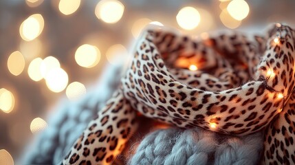 A leopard print scarf draped over a cozy knit blanket with warm lighting.