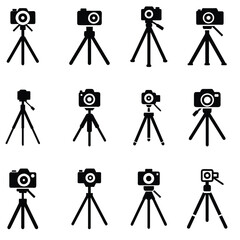 A set of tripod with photo camera vector silhouette

