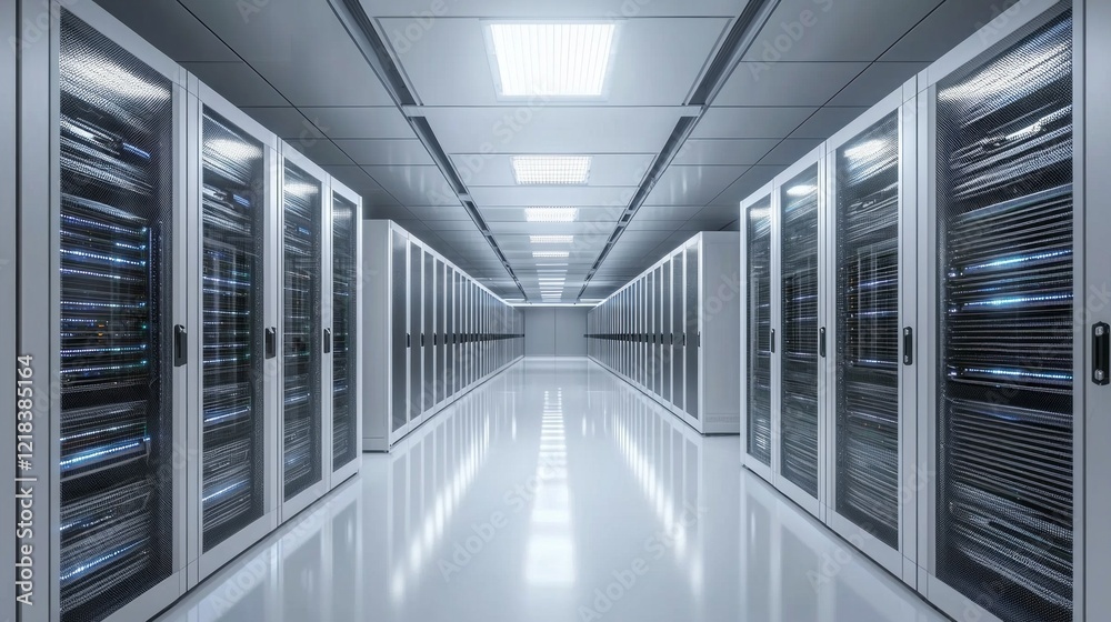 Poster in a high-tech server room, rows of sleek servers shine with an artful blend of blue and white light