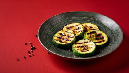 Fresh healthy grilled zucchini slices on red background