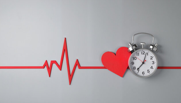 Heartbeat monitor illustration with clock and heart symbol, health awareness