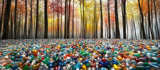 Vibrant mosaic of colorful plastic bottles spread across forest floor with tall trees in background showcasing urban recycling creativity in autumn hues