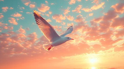Seagull in flight at sunset, wings spread wide against a vibrant, colorful sky.
