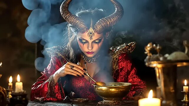 Dark sorceress with horns brewing a potion by candlelight
