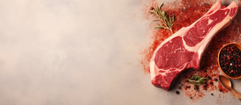Raw Tomahawk Steak with marbling detail on beige background, sprinkled with spices and herbs, placed on the right side with ample negative space.