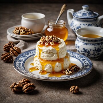 urkish kaymak (clotted cream) topped with honey and walnuts on a ceramic plate.h) neatly sliced and arranged on a serving plate.