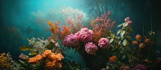 Obraz premium Vibrant floral arrangement with pink, orange, and purple flowers against a teal background, creating a dreamy and artistic photography backdrop.