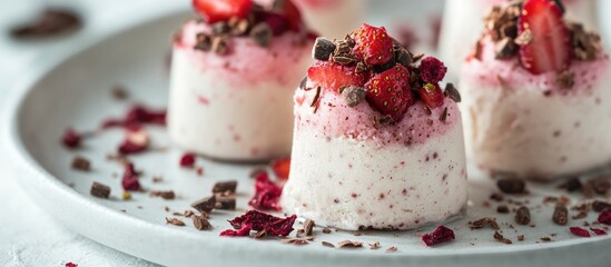 Deliciously styled frozen dessert topped with dried strawberries and cocoa nibs on a white plate with a soft focus background and scattered rose petals
