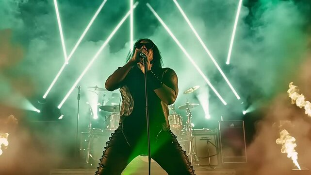 Metal Vocalist Performing on Stage with Green Lights and Fire Effects