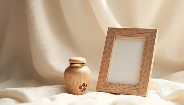 Wooden urn and empty photo frame on soft fabric background representing cherished memories
