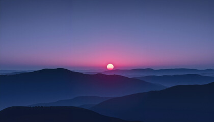 Fototapeta premium Serene sunset over misty hills, tranquility of nature