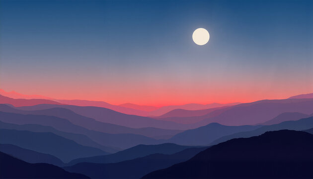 Serene moonrise over tranquil hills at dusk, nature's beauty