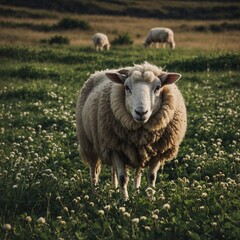 Fototapeta premium A sheep with a woolly coat walking along a dirt road.