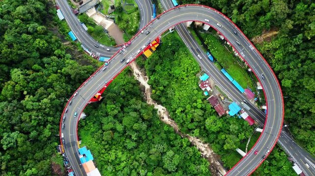 Aerial View of Traffic Activity at Kelok Sembilan, West Sumatra, Indonesia