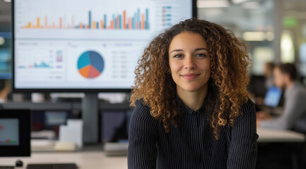 young business woman sitting with computer with displaying graphs and data