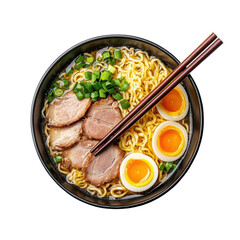 Top View of Ramen Bowl with Toppings and Chopsticks