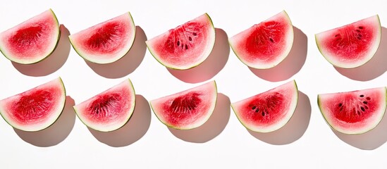 Vibrant pink watermelon slices arranged in two rows on white background showcasing rich texture and color for fresh culinary inspiration