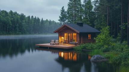Obraz premium Cabin on water, lit from within, surrounded by forest, use for travel.