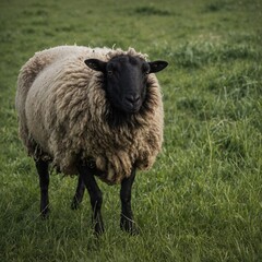 Fototapeta premium A sheep with a woolly coat walking along a dirt road.