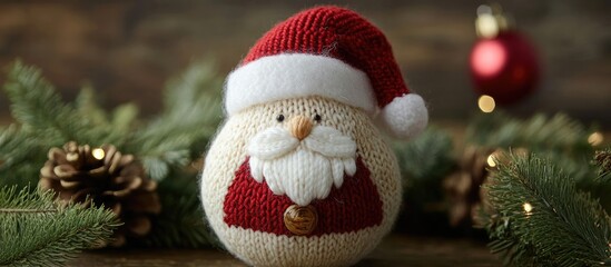 Knitted Santa Claus ball in white and red with a cheerful face positioned at center surrounded by pine cones and green foliage for festive decor
