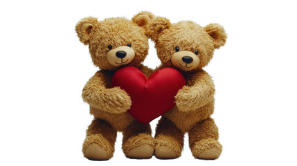 Two teddy bears are holding a red heart on transparent background