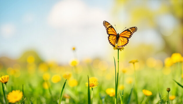 Vibrant butterfly resting on flower in sunny meadow, spring renewal