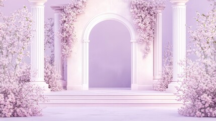 Fototapeta premium Enchanting Pink Archway with Blossoming Cherry Trees and Marble Pillars Wedding Venue Design