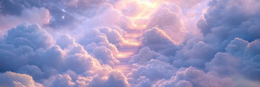 A mystical staircase ascends through soft clouds into a starlit sky reaching for the light - Powered by Adobe