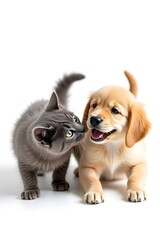 Obraz premium Best friends forever: cute cat and puppy cuddling together 