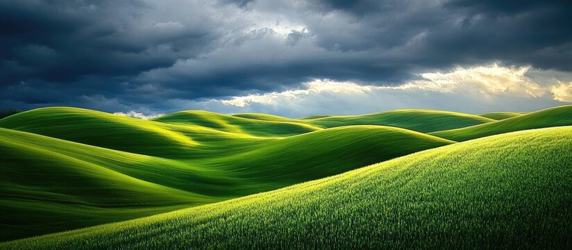 Lush rolling green hills under a dark dramatic cloudy sky create a stunning landscape of vibrant green hues and natural beauty - Powered by Adobe