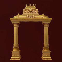 Golden-bordered frame with an Indian temple with pillars on a dark brown background