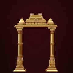 Golden-bordered frame with an Indian temple with pillars on a dark brown background