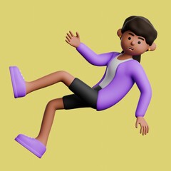 3d illustration of African woman in purple casual attire, floating in mid air falling. Cartoon black female character isolated on yellow background.