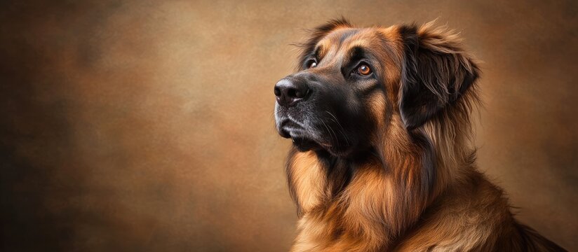 Majestic Leonberg dog with a lush golden mane gazes thoughtfully against a warm brown background in an artistic studio setting.
